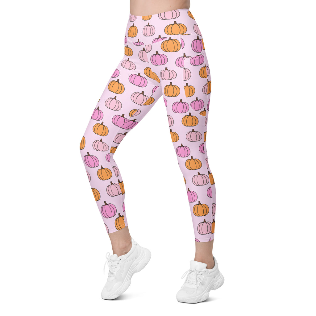 Women’s Pink & Orange Pumpkin Patch Yoga Leggings With Pockets – High-Waisted, Soft Compression Active Pants