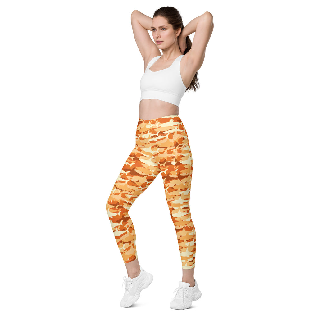 Women’s Orange Shark Camouflage Yoga Leggings With Pockets – High-Waisted, Soft Compression Active Pants