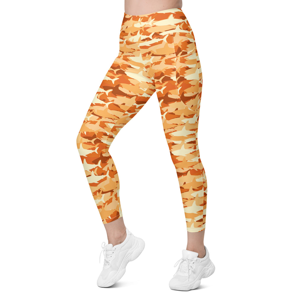 Women’s Orange Shark Camouflage Yoga Leggings With Pockets – High-Waisted, Soft Compression Active Pants