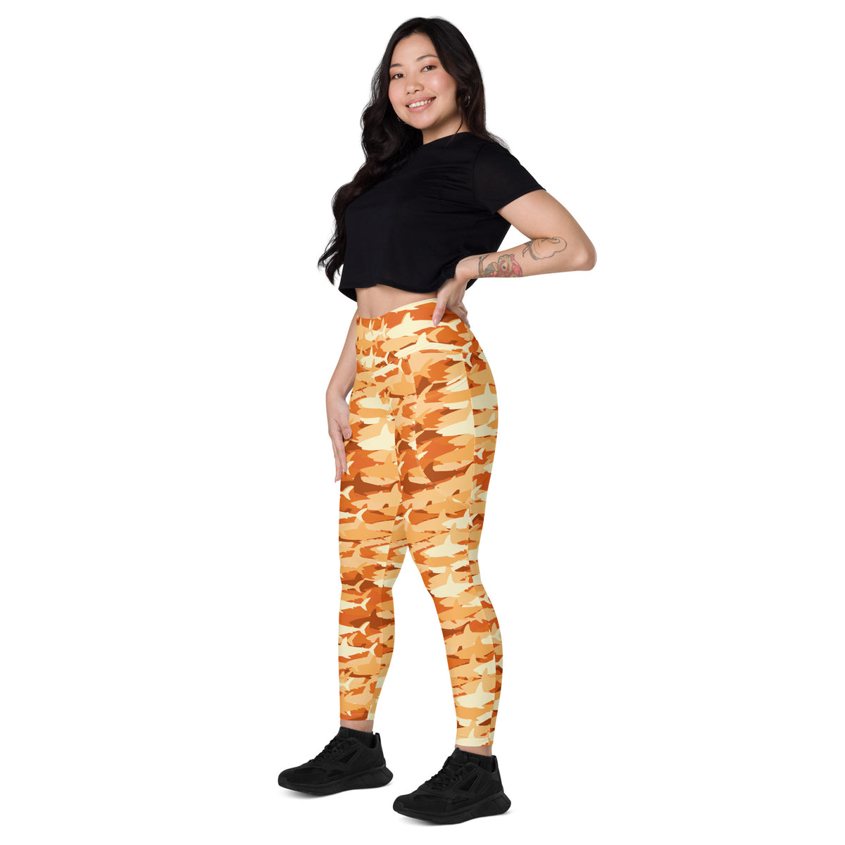Women’s Orange Shark Camouflage Yoga Leggings With Pockets – High-Waisted, Soft Compression Active Pants