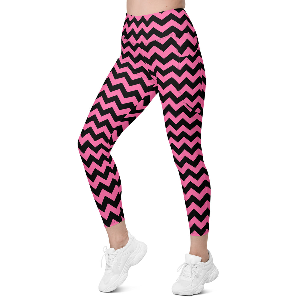 Women’s Pink Chevron Halloween Yoga Leggings With Pockets – High-Waisted, Soft Compression Active Pants