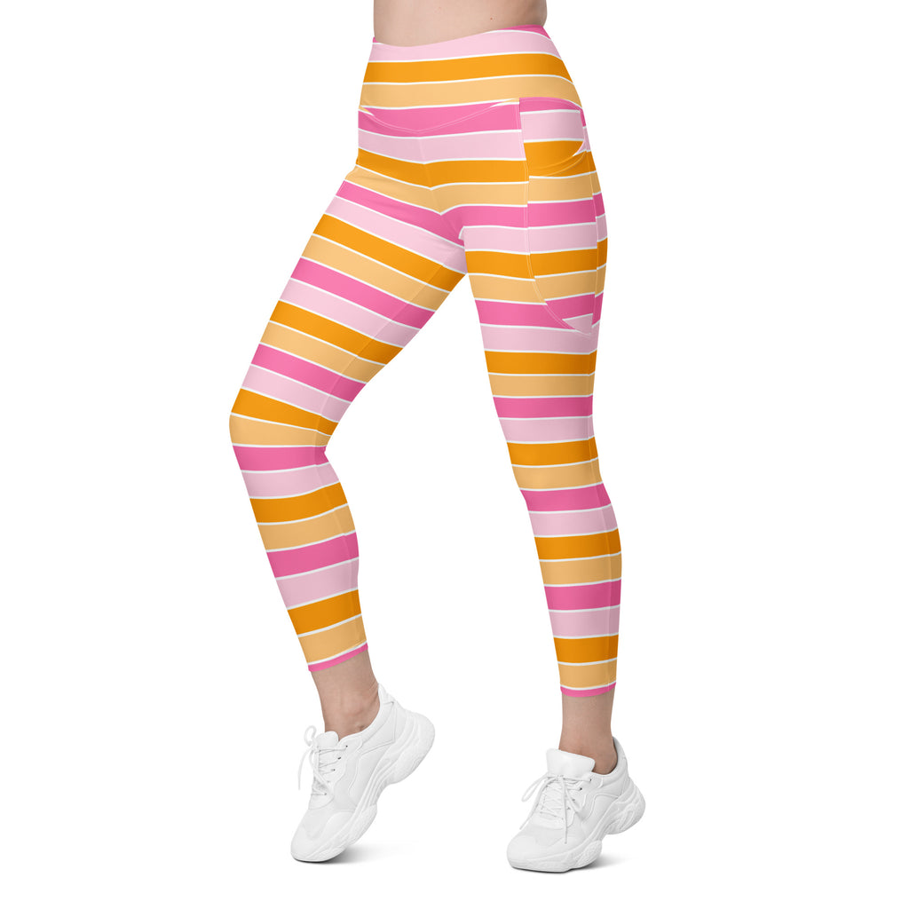 Women’s Pink & Orange Striped Candy Cane Yoga Leggings With Pockets – High-Waisted, Soft Compression Active Pants