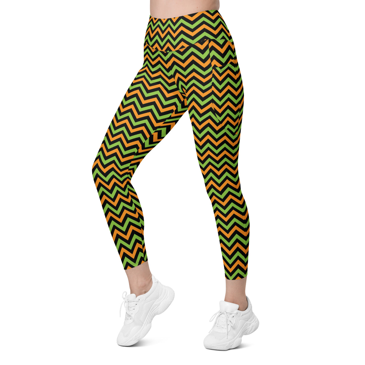 Women’s Orange Green & Black Chevron Halloween Yoga Leggings With Pockets – High-Waisted, Soft Compression Active Pants