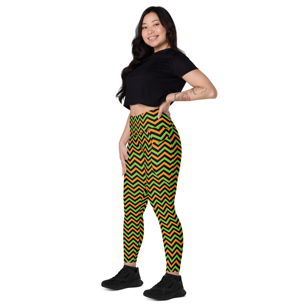 Women’s Orange Green & Black Chevron Halloween Yoga Leggings With Pockets – High-Waisted, Soft Compression Active Pants