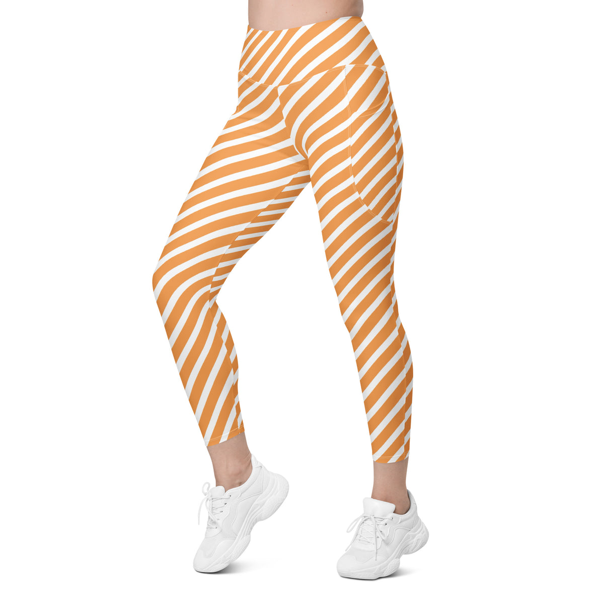 Women’s Orange & White Striped Yoga Leggings With Pockets – High-Waisted, Soft Compression Active Pants