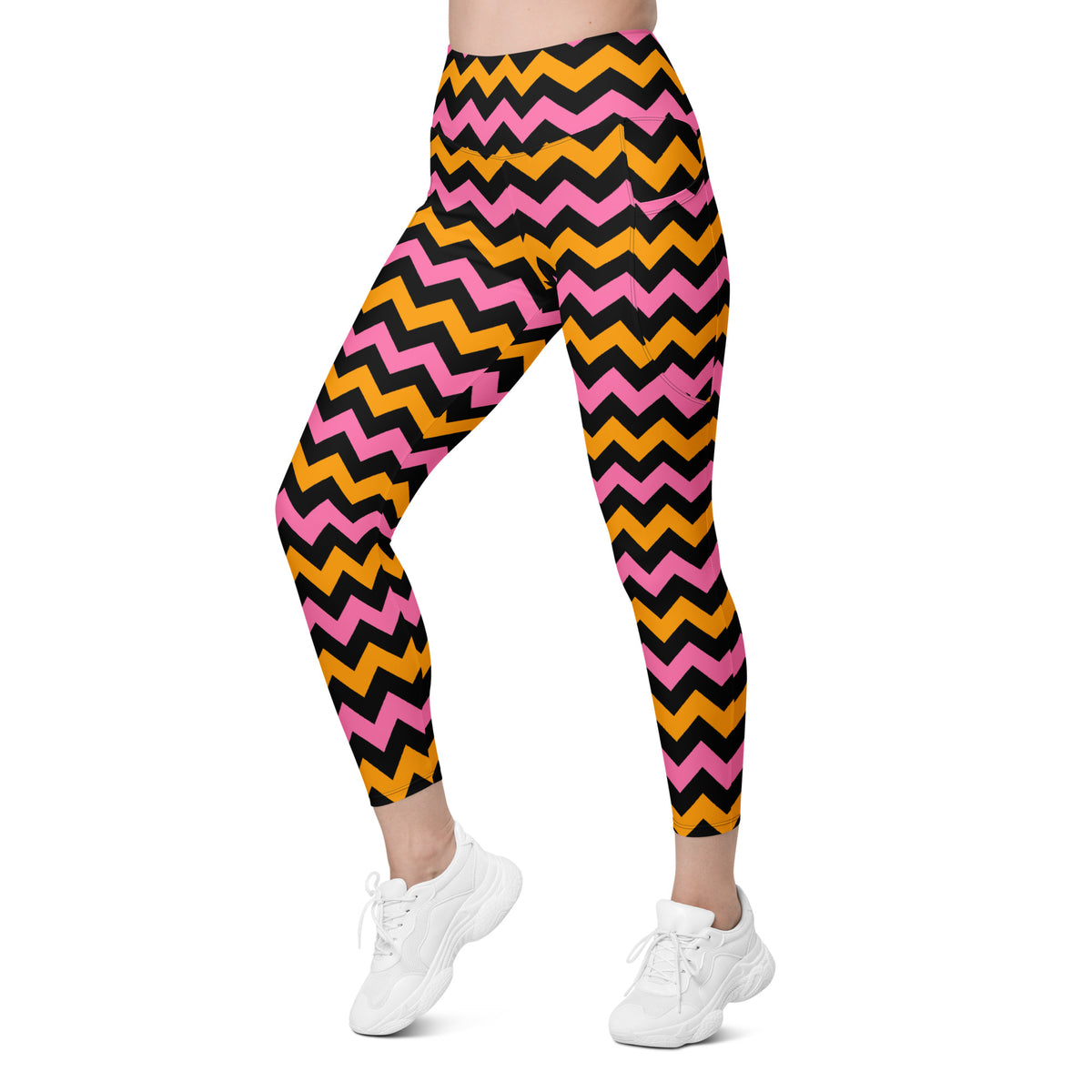 Women’s Pink & Orange Chevron Halloween Yoga Leggings With Pockets – High-Waisted, Soft Compression Active Pants
