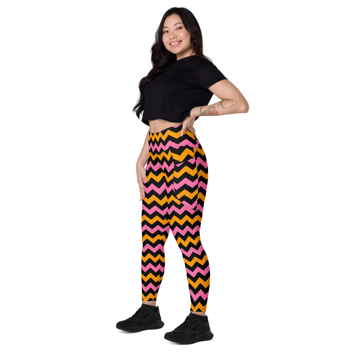 Women’s Pink & Orange Chevron Halloween Yoga Leggings With Pockets – High-Waisted, Soft Compression Active Pants
