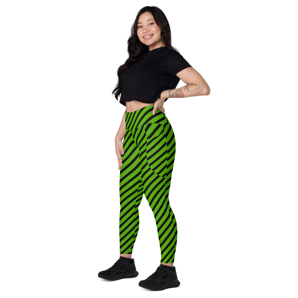 Women’s Green Striped Halloween Yoga Leggings With Pockets – High-Waisted, Soft Compression Active Pants