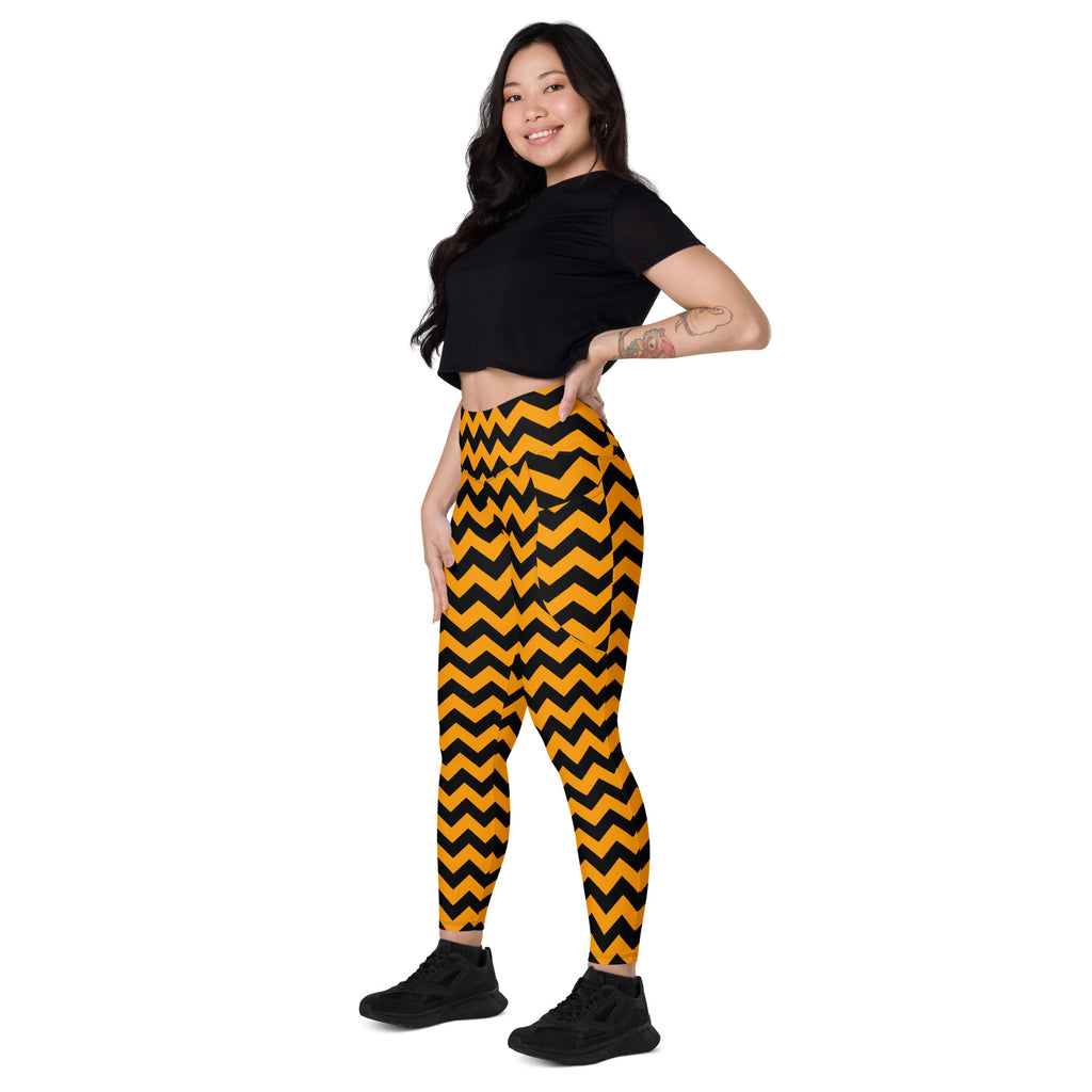 Women’s Orange Chevron Halloween Yoga Leggings With Pockets – High-Waisted, Soft Compression Active Pants