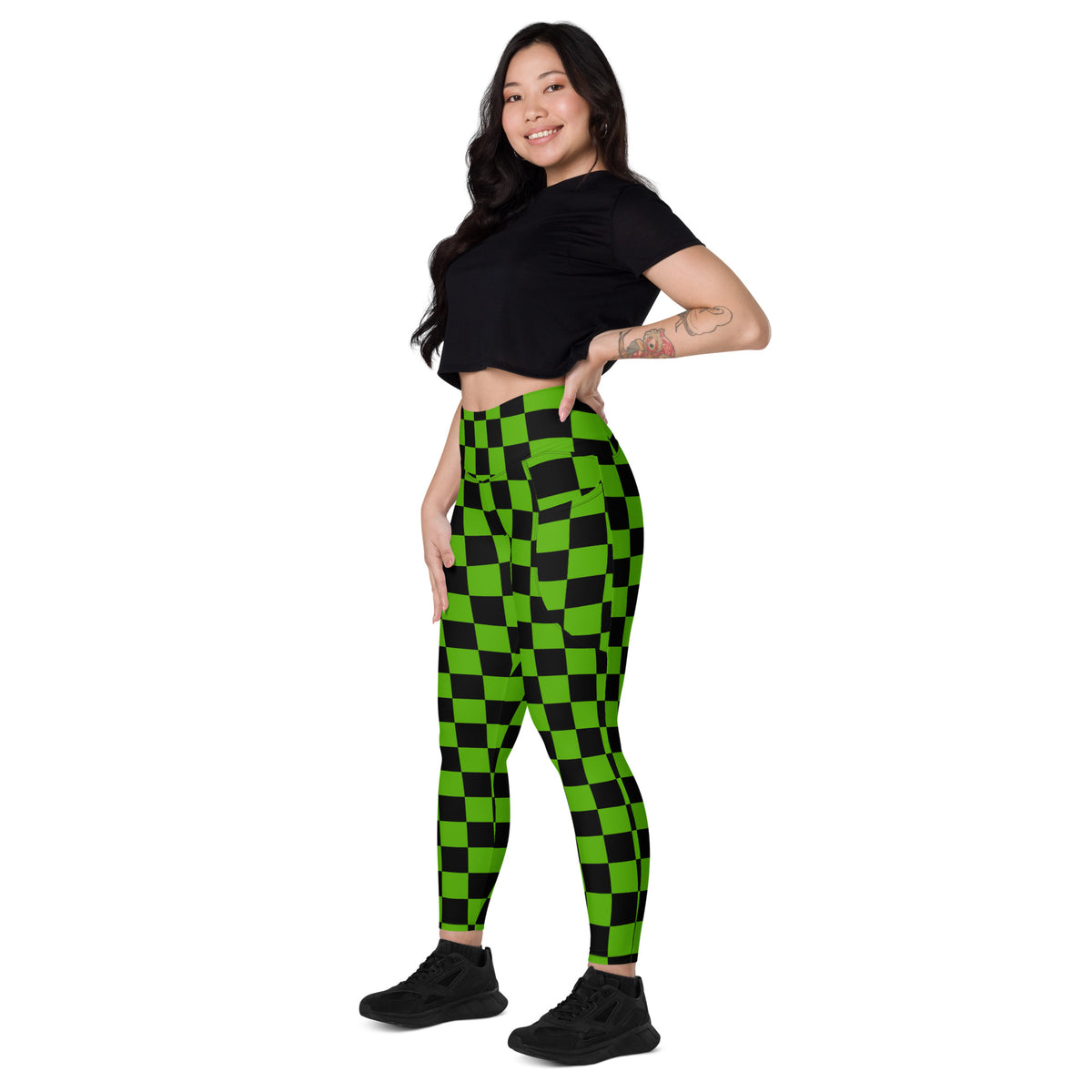 Women’s Green Checkered Halloween Yoga Leggings With Pockets – High-Waisted, Soft Compression Active Pants