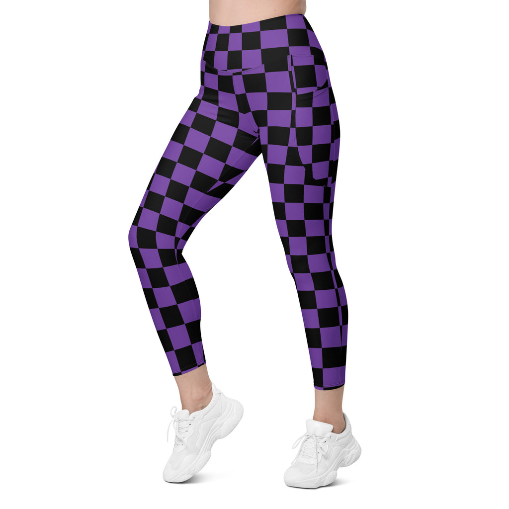 Women’s Purple Checkered Halloween Yoga Leggings With Pockets – High-Waisted, Soft Compression Active Pants