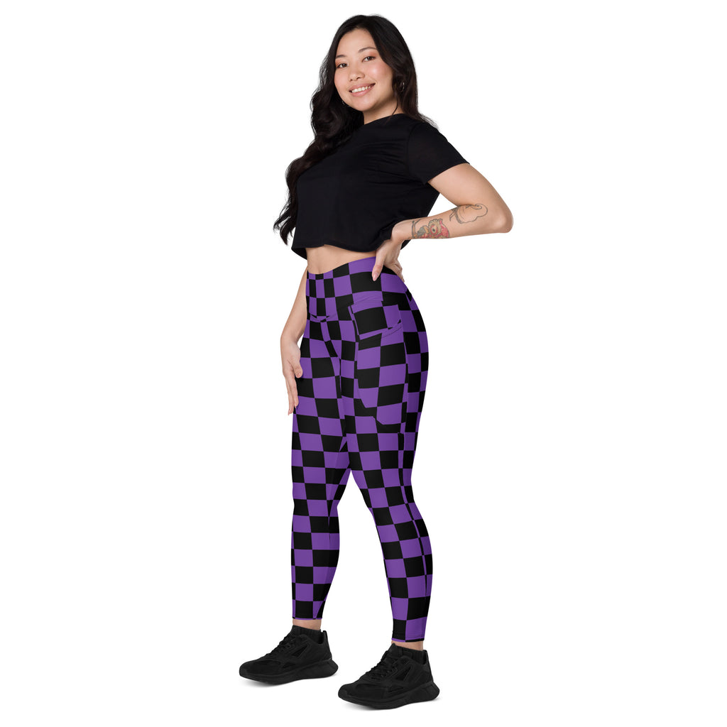 Women’s Purple Checkered Halloween Yoga Leggings With Pockets – High-Waisted, Soft Compression Active Pants
