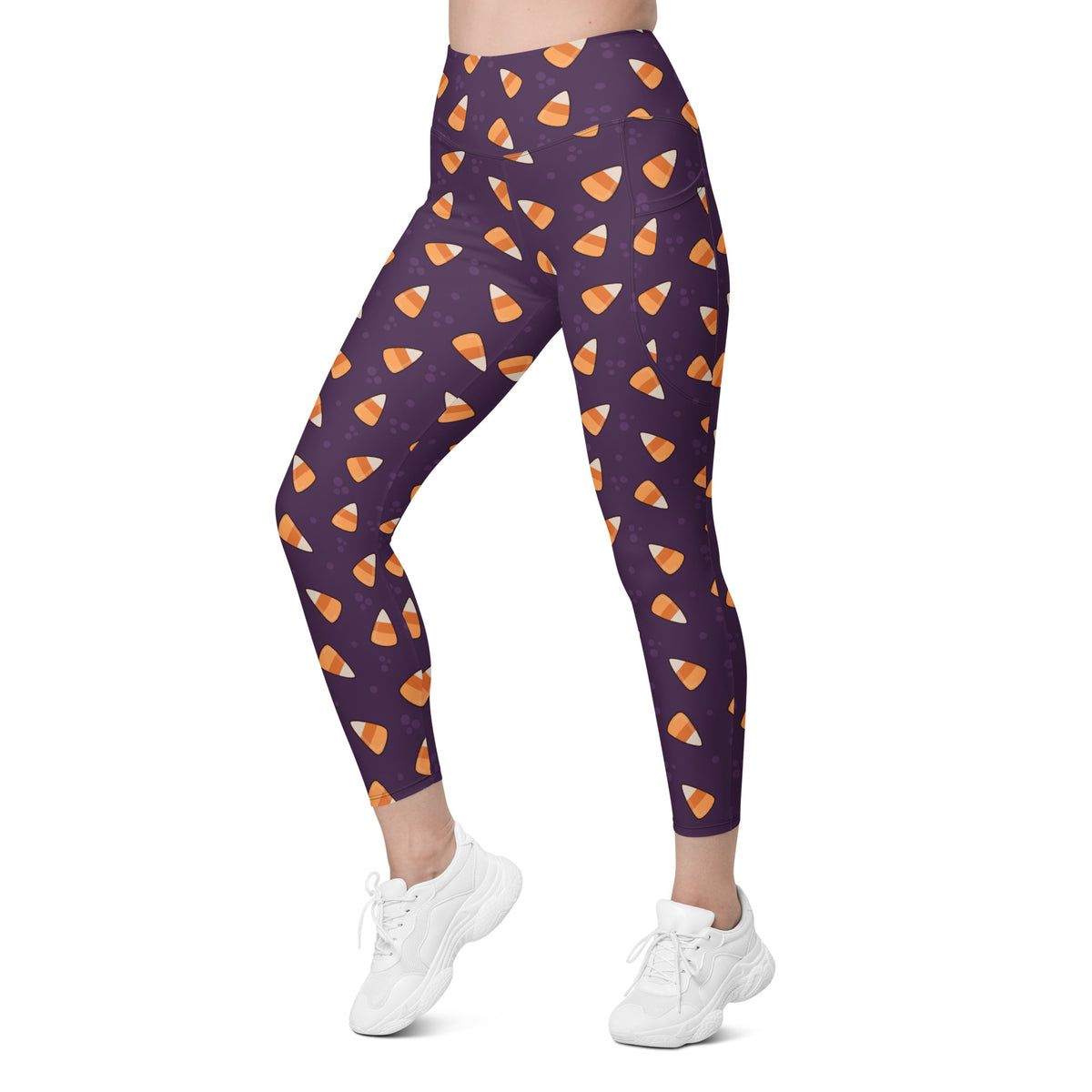 Women’s Purple Candy Corn Halloween Yoga Leggings With Pockets – High-Waisted, Soft Compression Active Pants