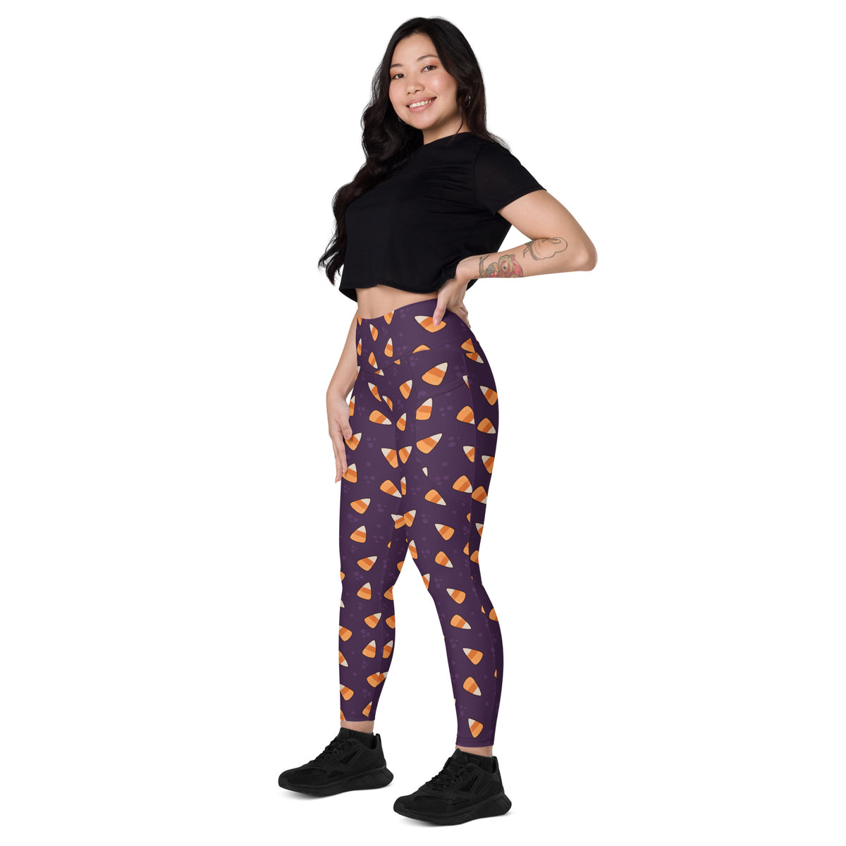 Women’s Purple Candy Corn Halloween Yoga Leggings With Pockets – High-Waisted, Soft Compression Active Pants