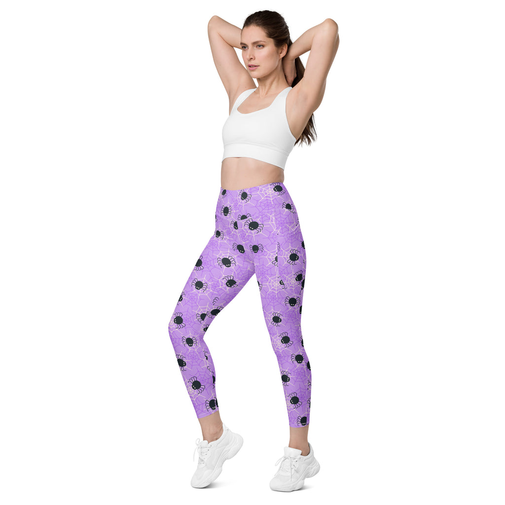 Women’s Purple Spider Web Halloween Yoga Leggings With Pockets – High-Waisted, Soft Compression Active Pants