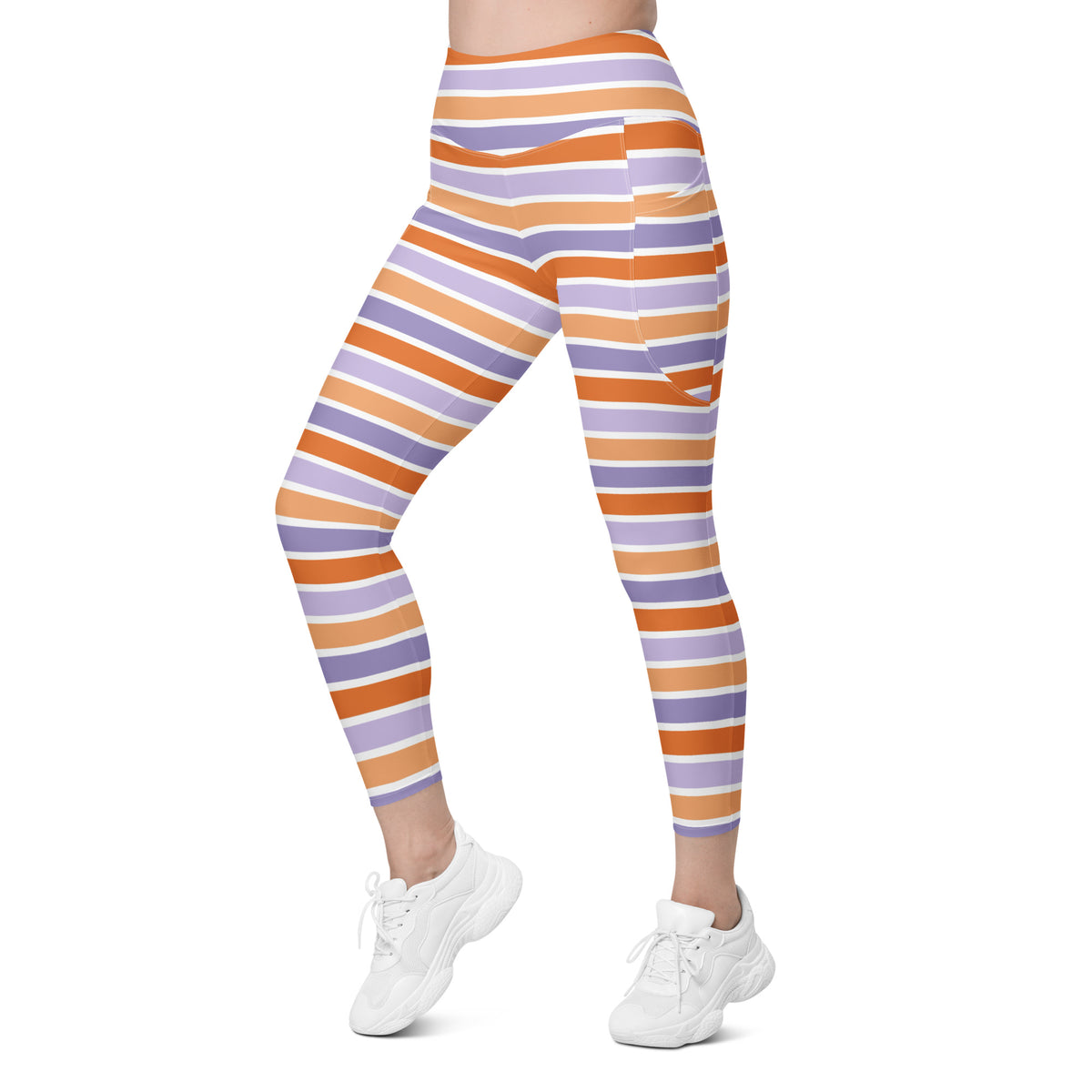 Women’s Orange Purple Striped Candy Cane Halloween Yoga Leggings With Pockets – High-Waisted, Soft Compression Active Pants