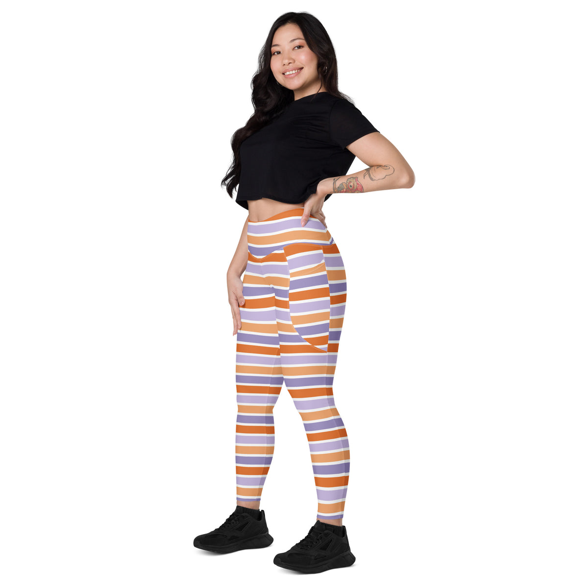 Women’s Orange Purple Striped Candy Cane Halloween Yoga Leggings With Pockets – High-Waisted, Soft Compression Active Pants