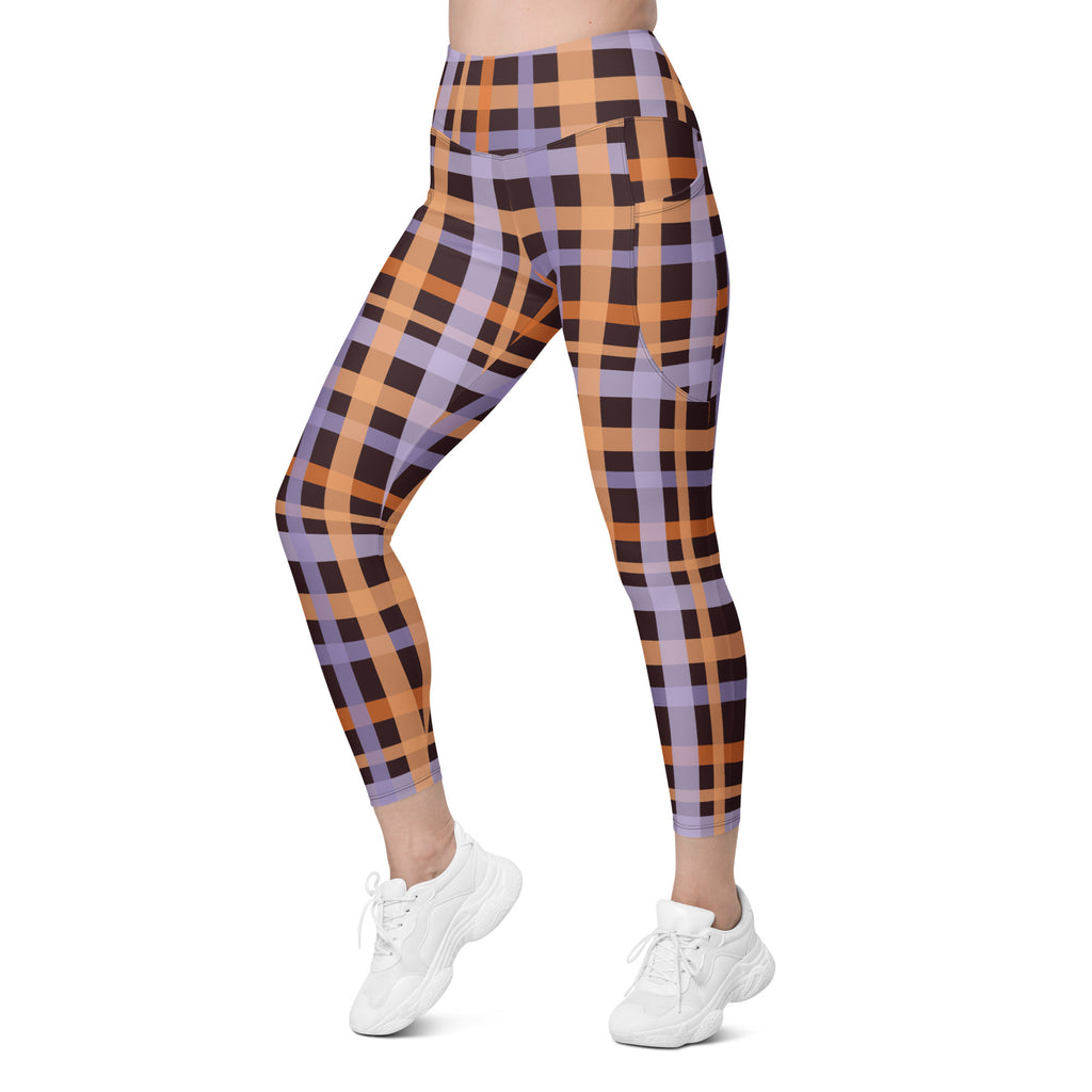 Women’s Orange Purple Plaid Halloween Yoga Leggings With Pockets – High-Waisted, Soft Compression Active Pants