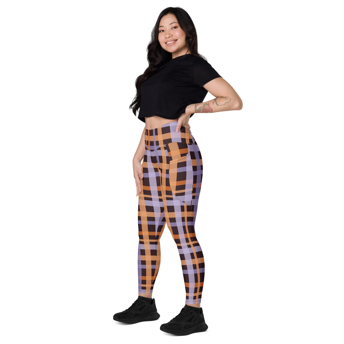 Women’s Orange Purple Plaid Halloween Yoga Leggings With Pockets – High-Waisted, Soft Compression Active Pants