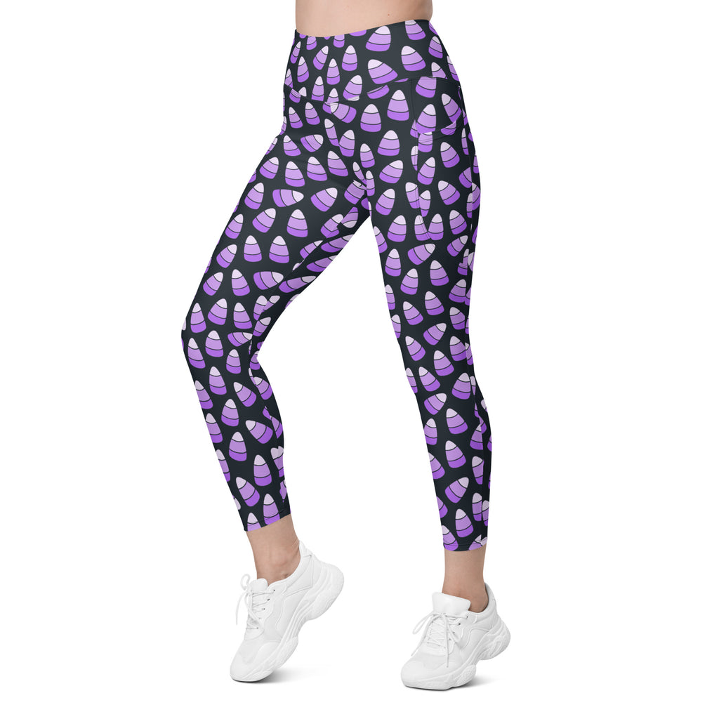 Women’s Purple Candy Corn Halloween Yoga Leggings With Pockets – High-Waisted, Soft Compression Active Pants
