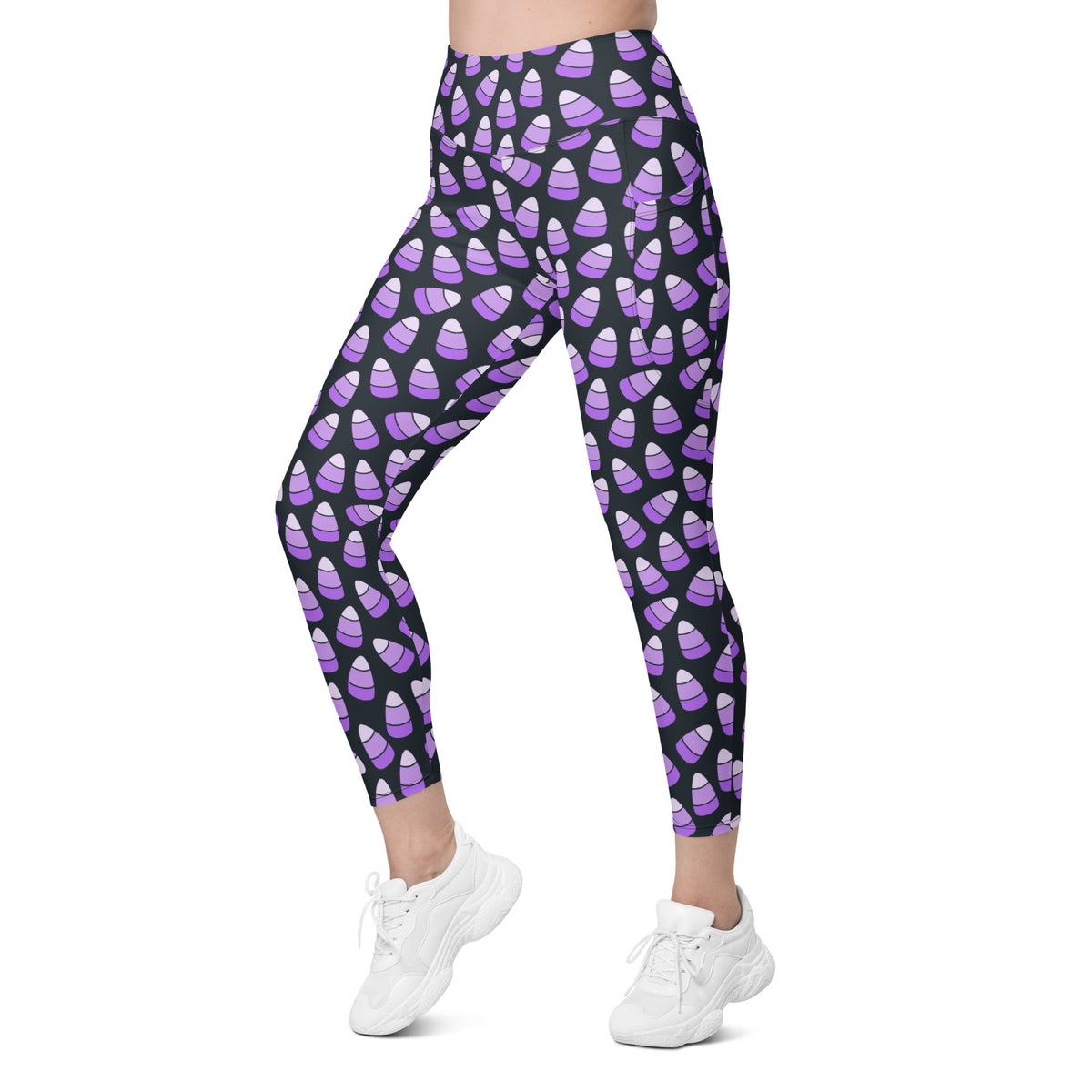 Women’s Purple Candy Corn Halloween Yoga Leggings With Pockets – High-Waisted, Soft Compression Active Pants
