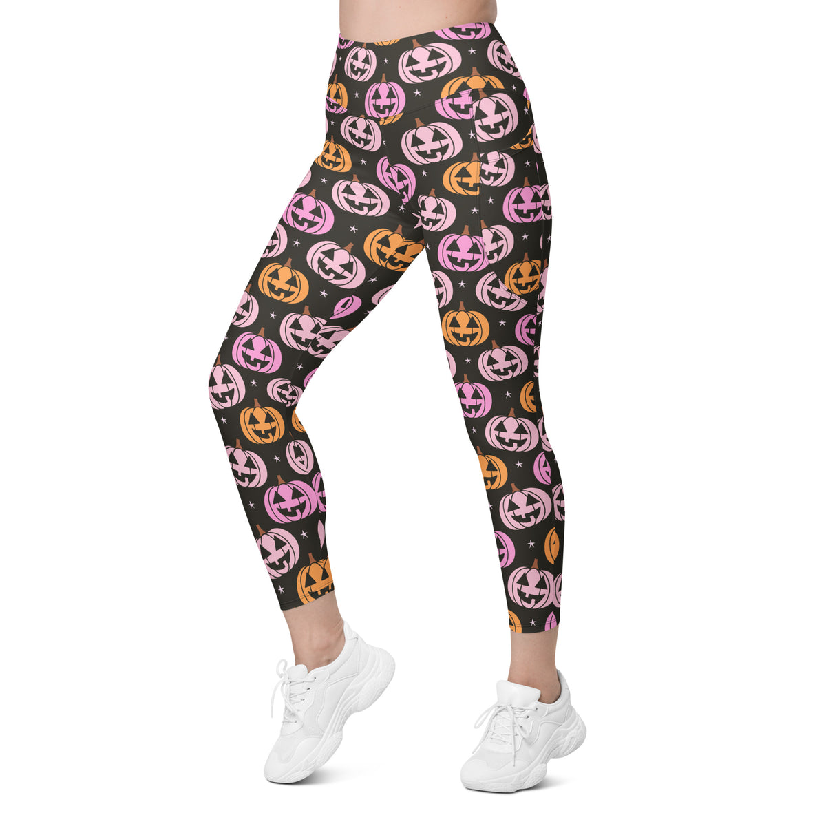 Women’s Pink Pumpkin Halloween Yoga Leggings With Pockets – High-Waisted, Soft Compression Active Pants