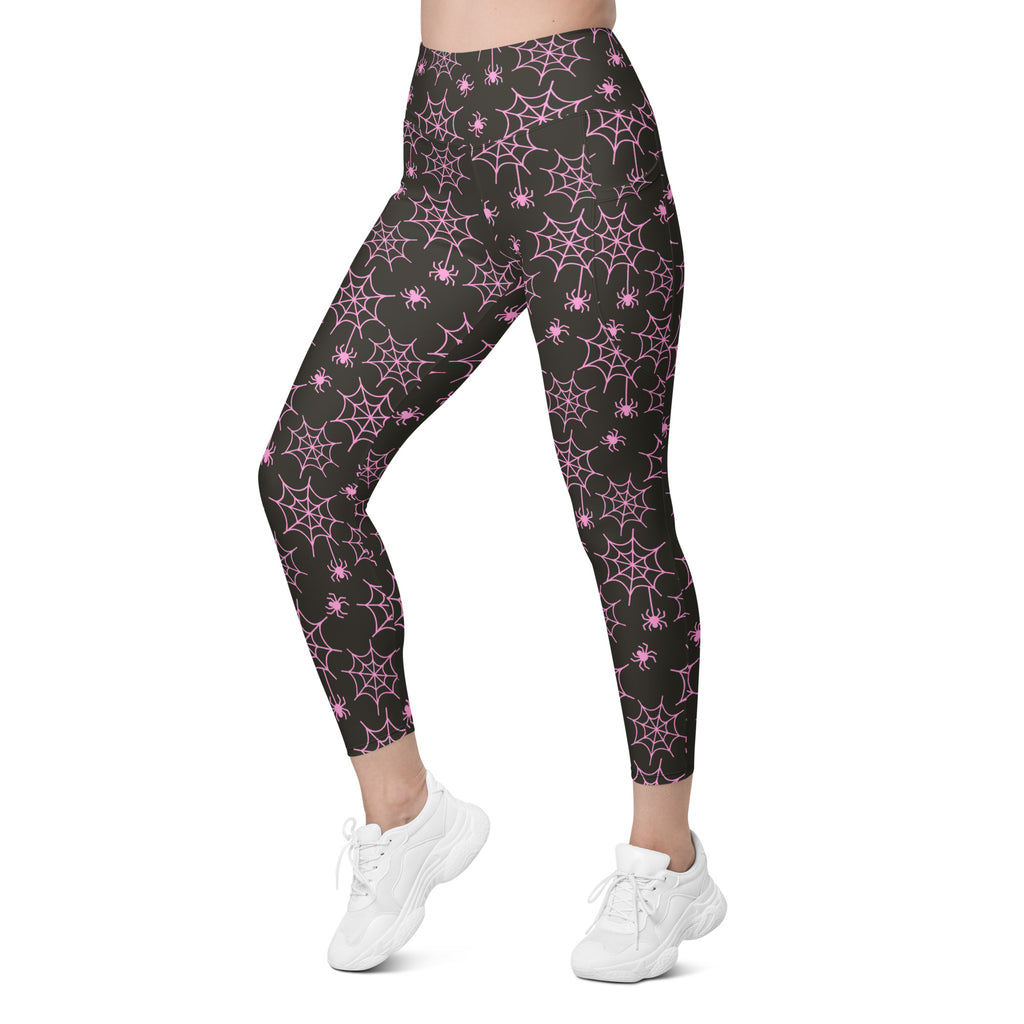 Women’s Pink Spider Web Halloween Yoga Leggings With Pockets – High-Waisted, Soft Compression Active Pants