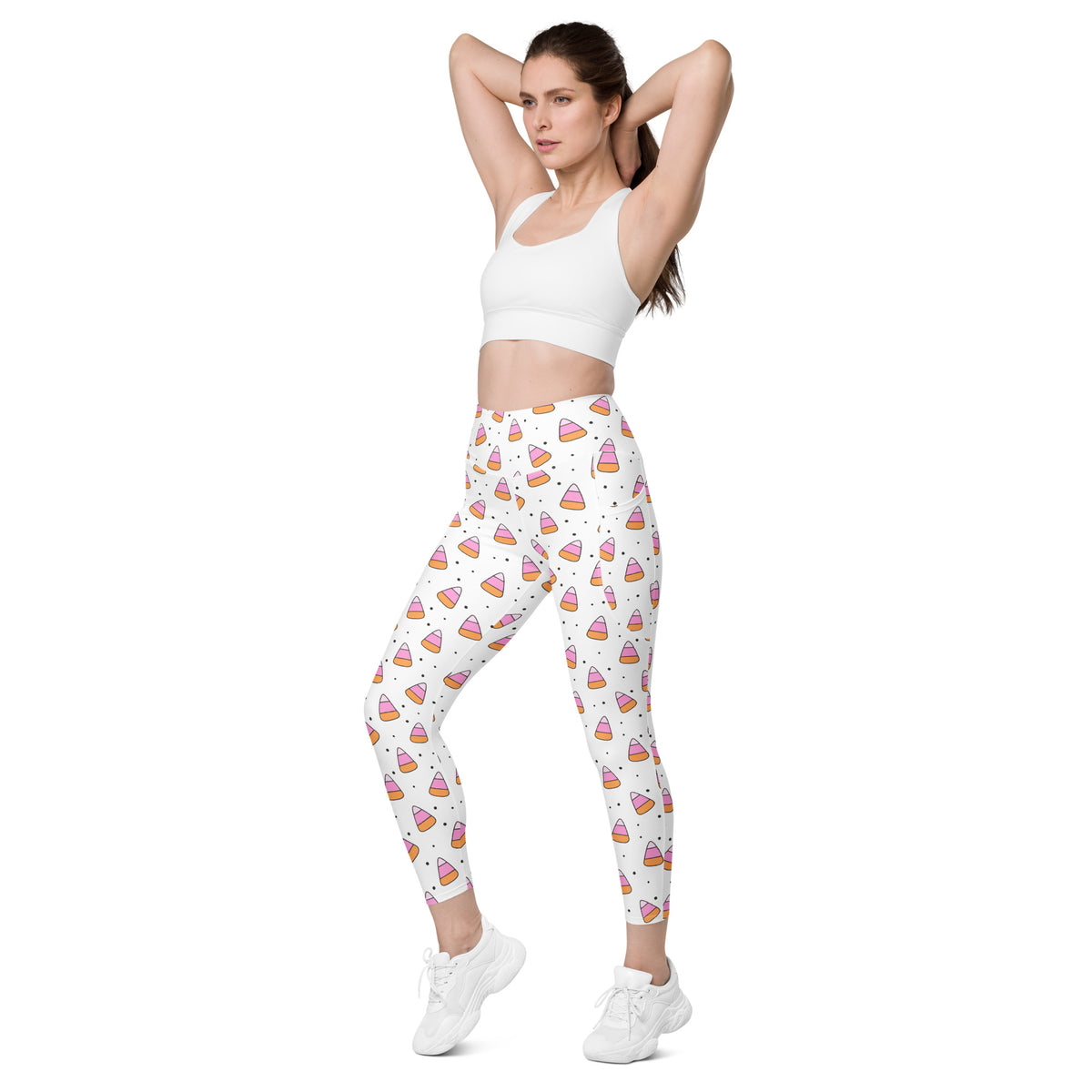Women’s Pink Candy Corn Halloween Yoga Leggings With Pockets – High-Waisted, Soft Compression Active Pants