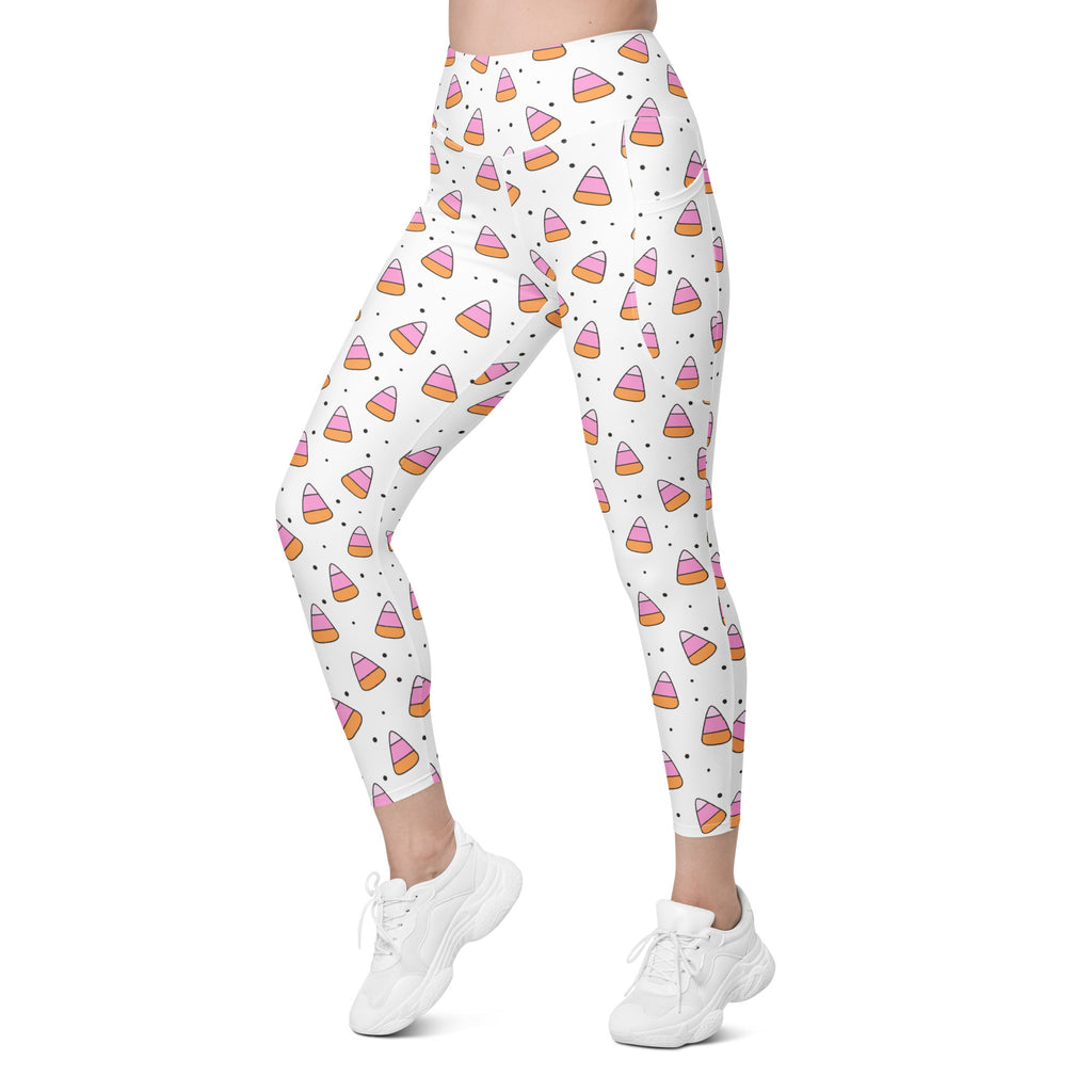 Women’s Pink Candy Corn Halloween Yoga Leggings With Pockets – High-Waisted, Soft Compression Active Pants