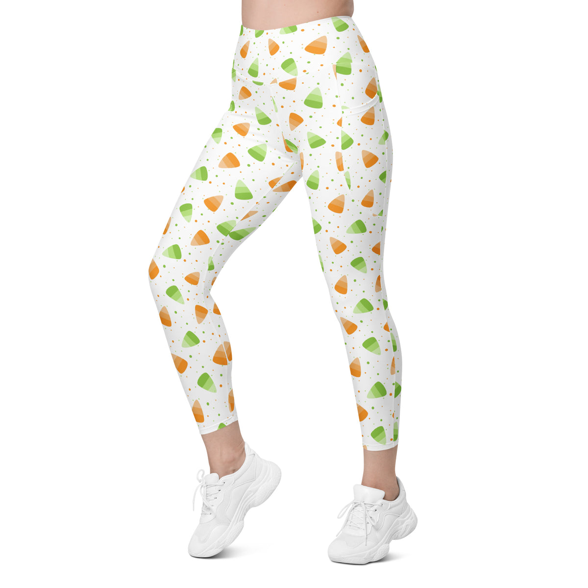 Women’s Orange & Green Candy Cane Halloween Yoga Leggings With Pockets – High-Waisted, Soft Compression Active Pants