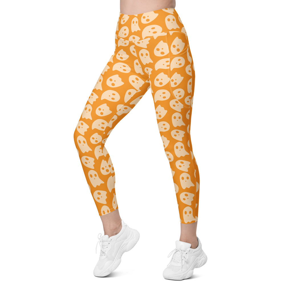 Women’s Orange Ghost Halloween Yoga Leggings With Pockets – High-Waisted, Soft Compression Active Pants
