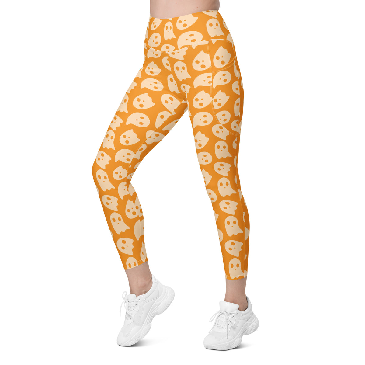 Women’s Orange Ghost Halloween Yoga Leggings With Pockets – High-Waisted, Soft Compression Active Pants