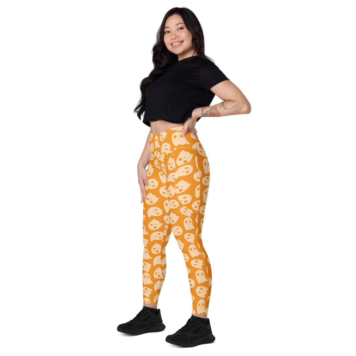 Women’s Orange Ghost Halloween Yoga Leggings With Pockets – High-Waisted, Soft Compression Active Pants