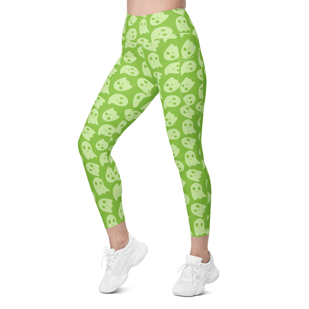 Women’s Green Ghost Halloween Yoga Leggings With Pockets – High-Waisted, Soft Compression Active Pants