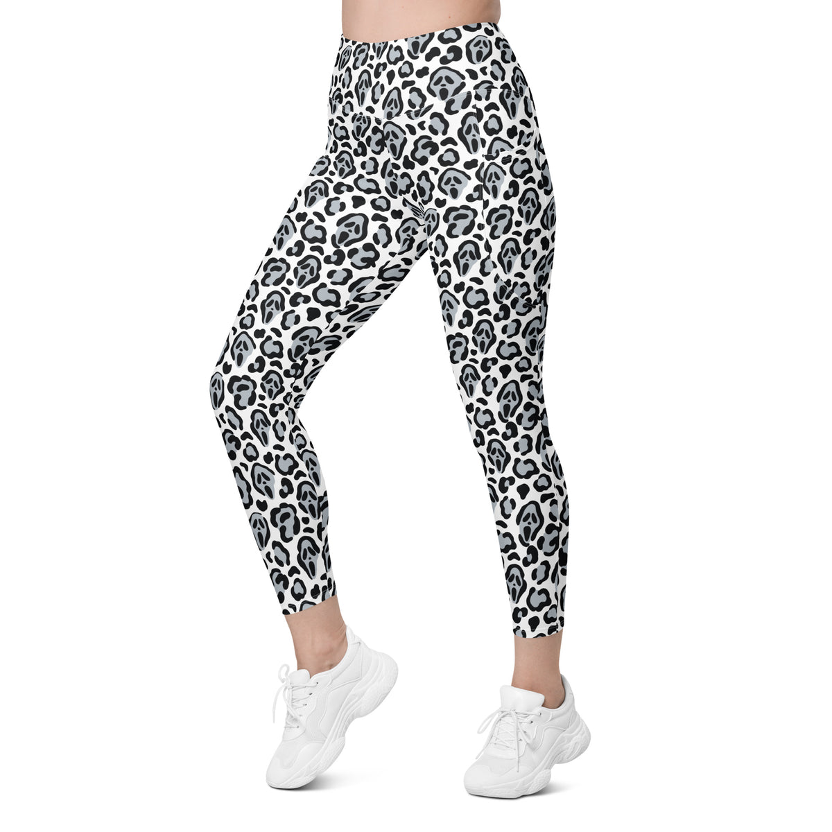 Women’s Ghost Face Leopard Yoga Leggings With Pockets – High-Waisted, Soft Compression Active Pants