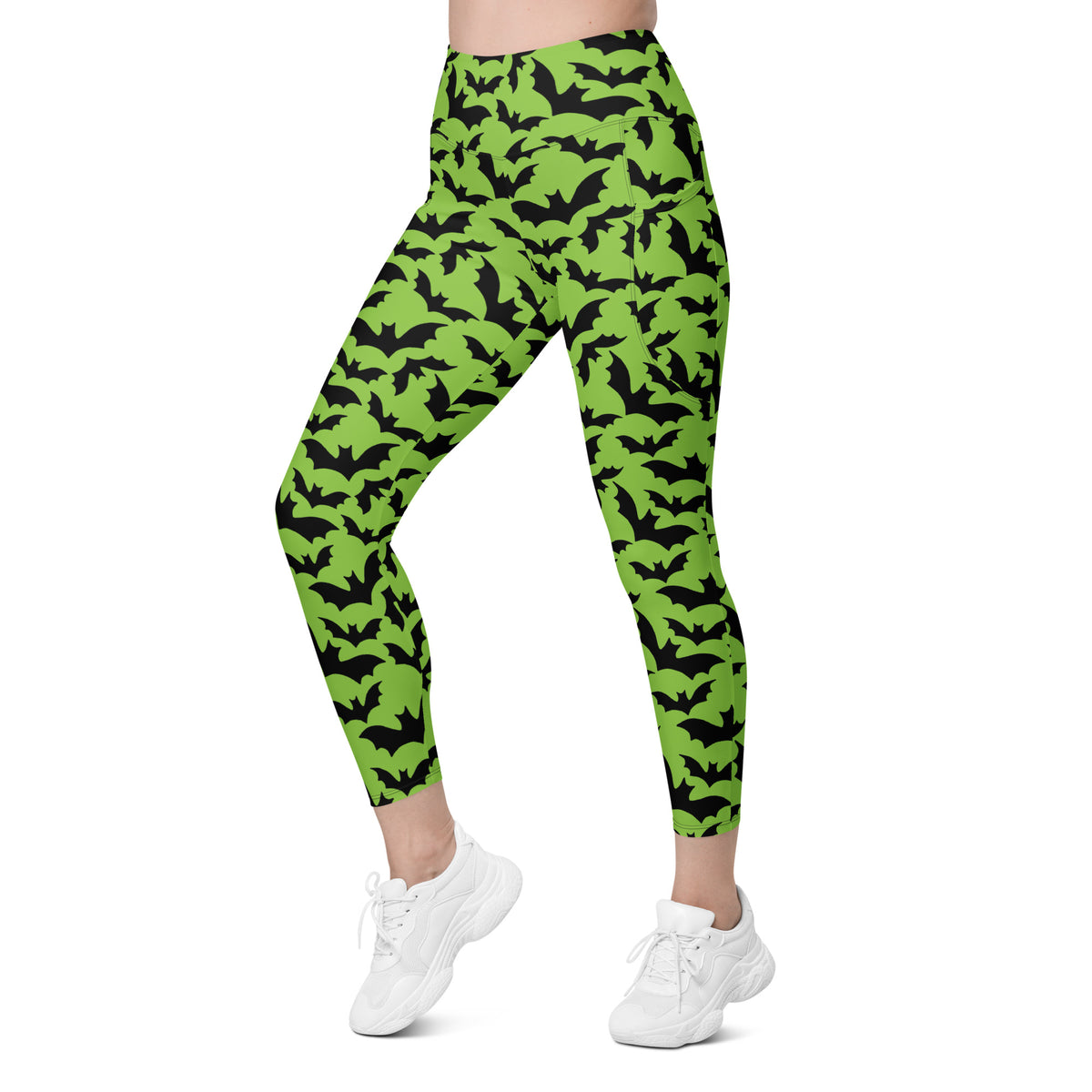 Women’s Halloween Green Bats Yoga Leggings With Pockets – High-Waisted, Soft Compression Active Pants