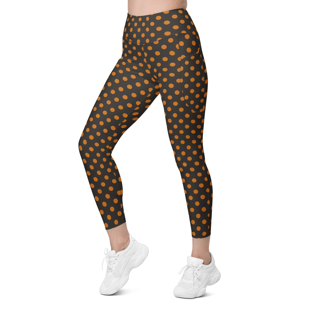 Women’s Dark Orange Polka Dot Halloween Yoga Leggings With Pockets – High-Waisted, Soft Compression Active Pants