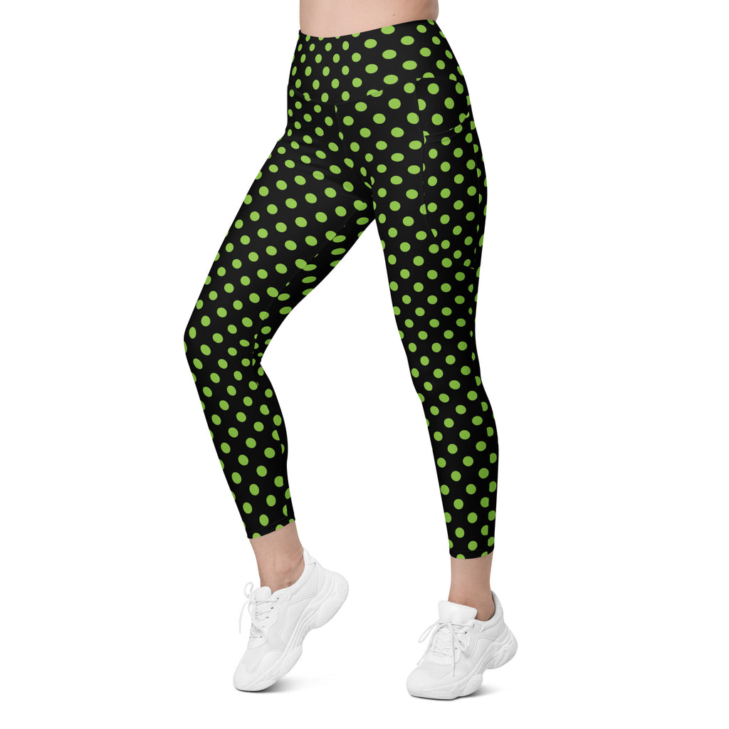 Women’s Green Polka Dot Halloween Yoga Leggings With Pockets – High-Waisted, Soft Compression Active Pants