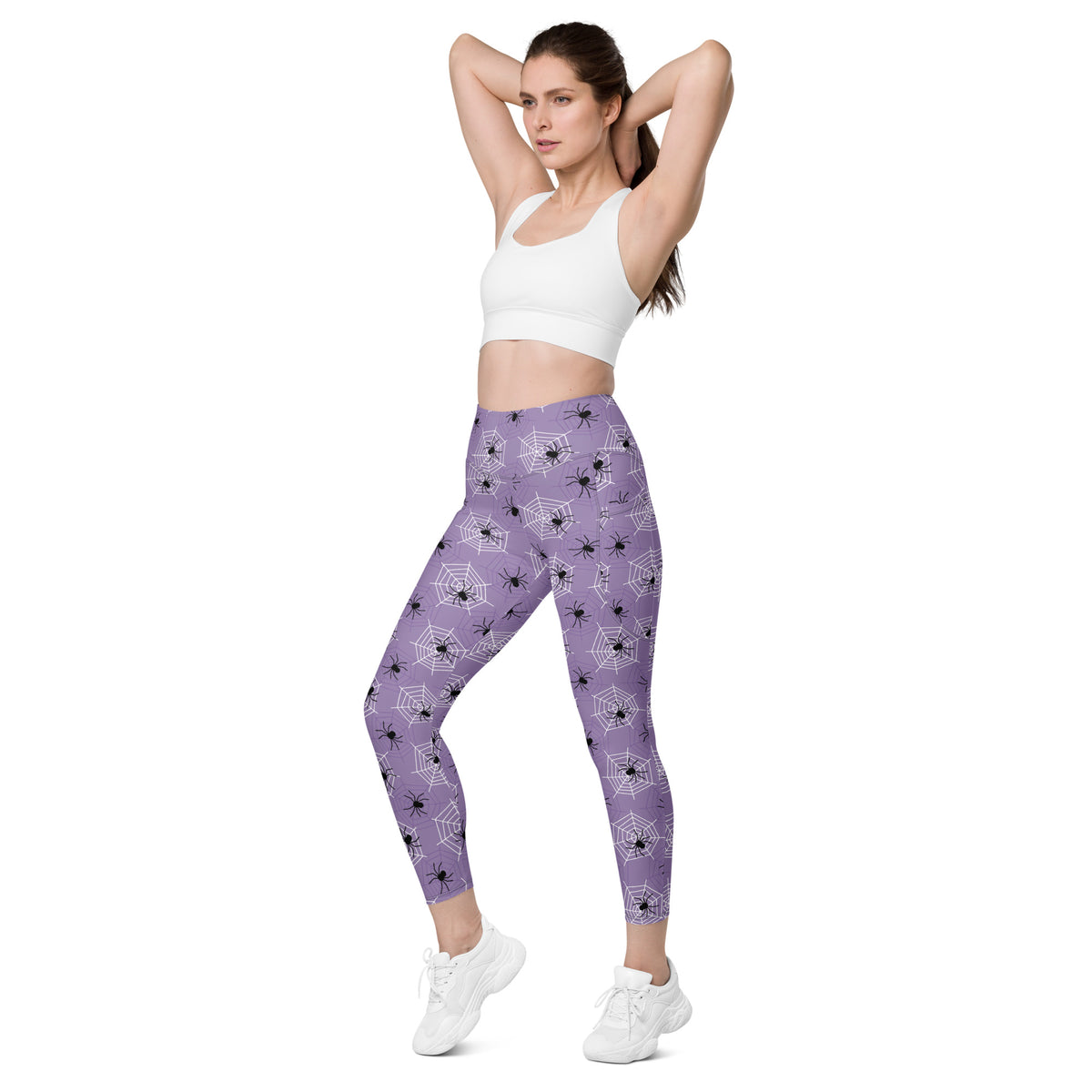 Women’s Dark Purple Spider Web Halloween Yoga Leggings With Pockets – High-Waisted, Soft Compression Active Pants
