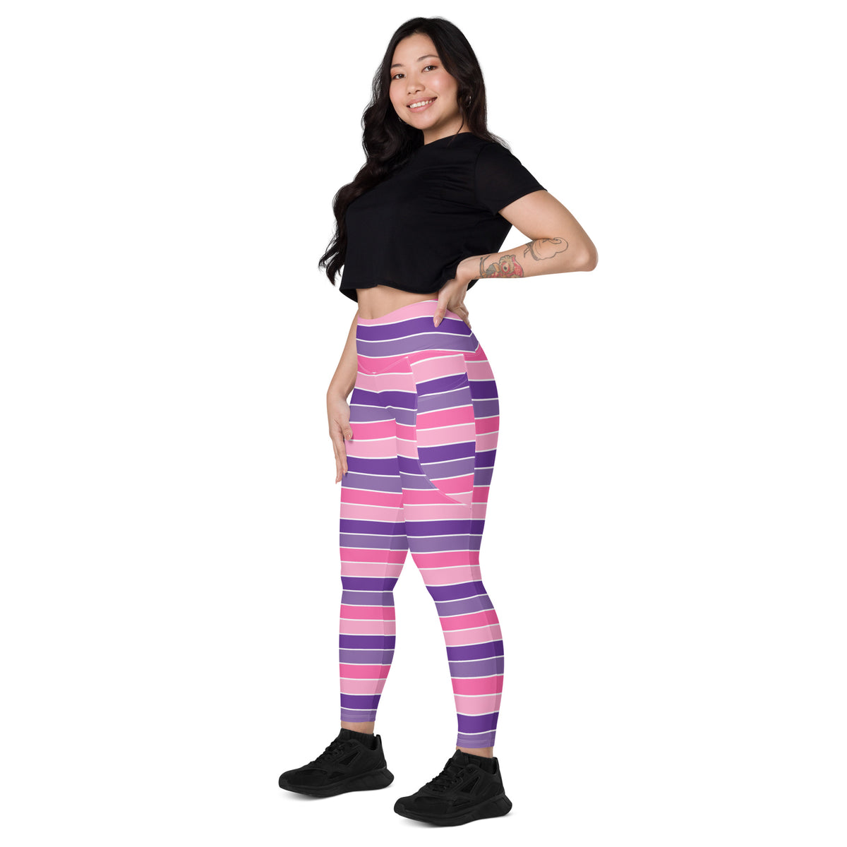 Women’s Pink & Purple Striped Yoga Leggings With Pockets – High-Waisted, Soft Compression Active Pants