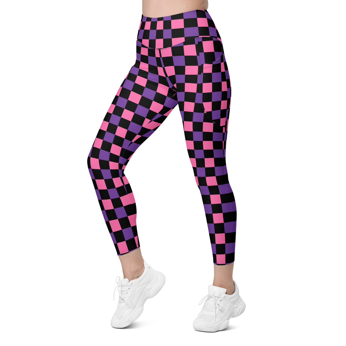 Women’s Pink & Purple Checkered Halloween Yoga Leggings With Pockets – High-Waisted, Soft Compression Active Pants