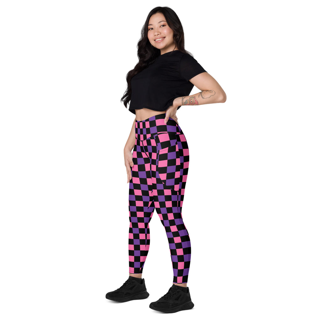 Women’s Pink & Purple Checkered Halloween Yoga Leggings With Pockets – High-Waisted, Soft Compression Active Pants