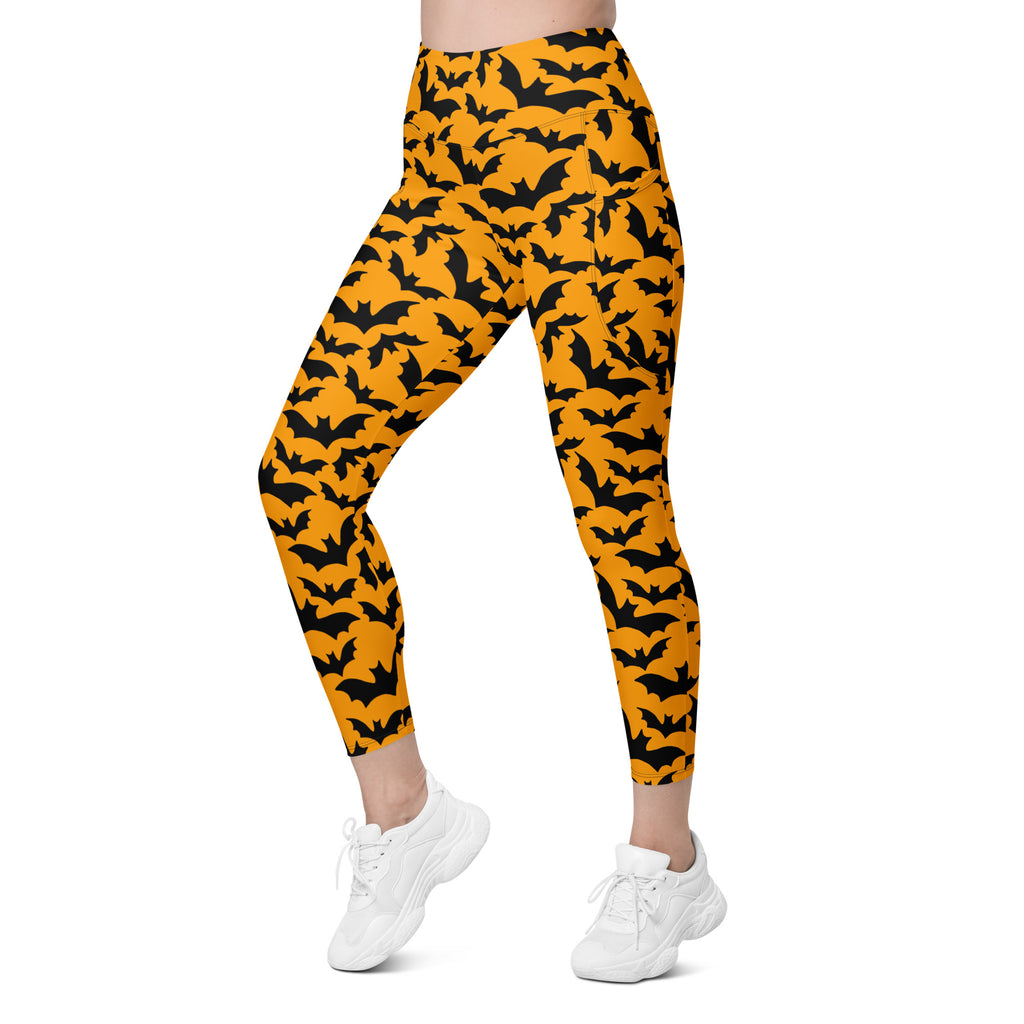 Women’s Halloween Orange Bats Yoga Leggings With Pockets – High-Waisted, Soft Compression Active Pants
