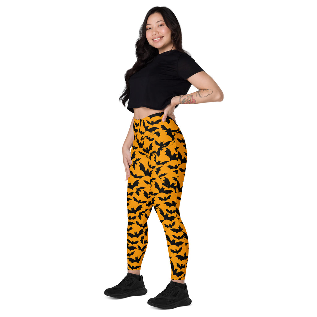 Women’s Halloween Orange Bats Yoga Leggings With Pockets – High-Waisted, Soft Compression Active Pants