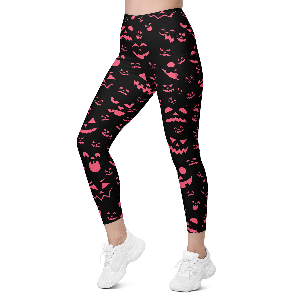 Women’s Pink Jack O’ Lantern Faces Halloween Yoga Leggings With Pockets – High-Waisted, Soft Compression Active Pants