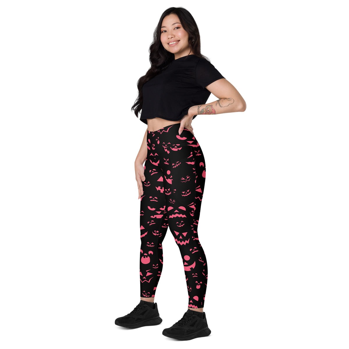 Women’s Pink Jack O’ Lantern Faces Halloween Yoga Leggings With Pockets – High-Waisted, Soft Compression Active Pants