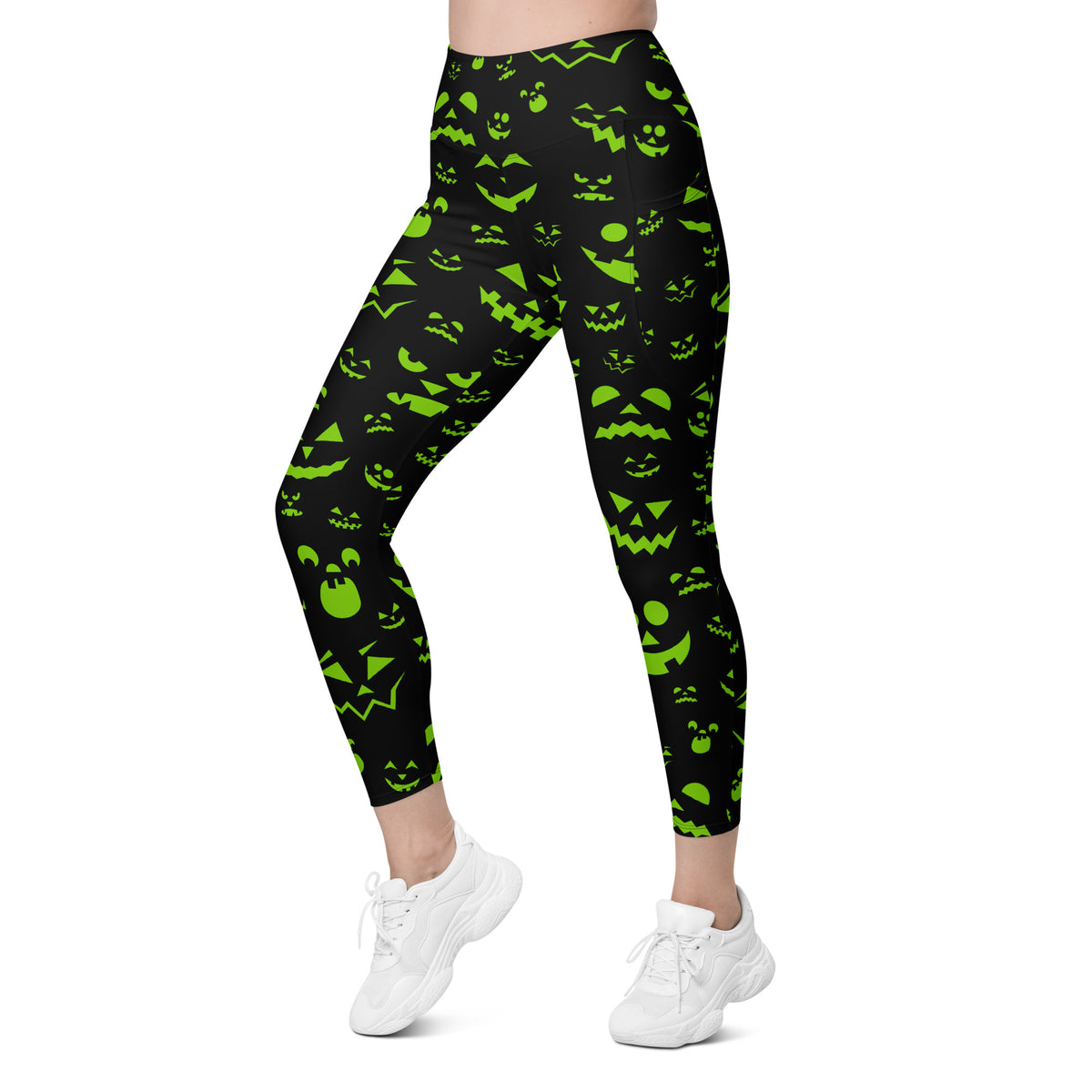 Women’s Green Jack O’ Lantern Faces Halloween Yoga Leggings With Pockets – High-Waisted, Soft Compression Active Pants