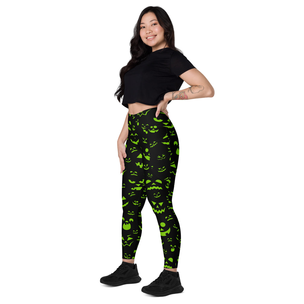 Women’s Green Jack O’ Lantern Faces Halloween Yoga Leggings With Pockets – High-Waisted, Soft Compression Active Pants