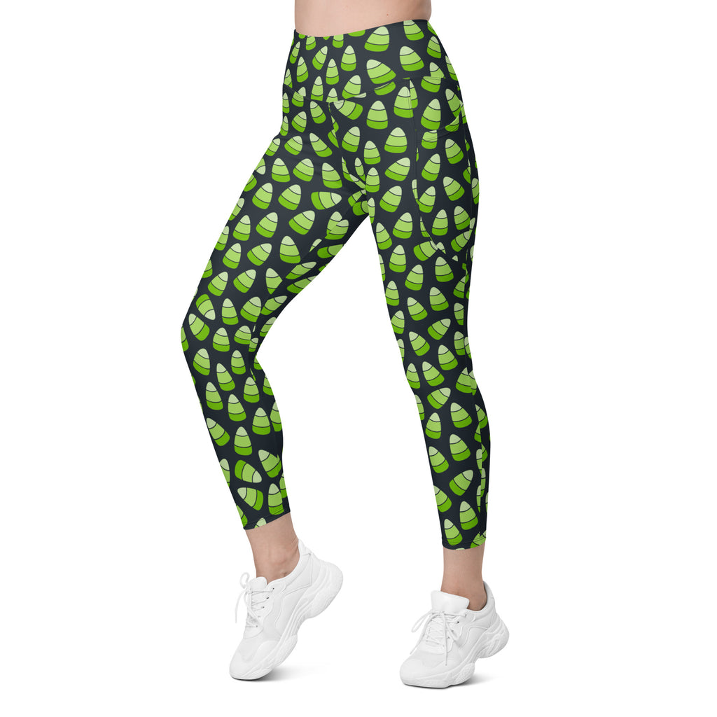 Women’s Green Candy Corn Halloween Yoga Leggings With Pockets – High-Waisted, Soft Compression Active Pants