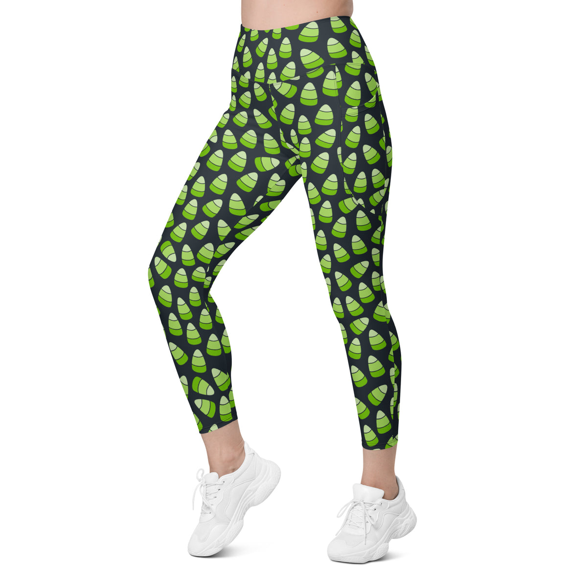 Women’s Green Candy Corn Halloween Yoga Leggings With Pockets – High-Waisted, Soft Compression Active Pants